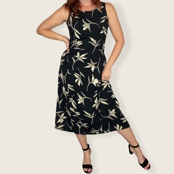 Vintage 90s Size 8 Neutral Tropical Floral Print Sleeveless Midi/Maxi Dress - Picture 1 of 11